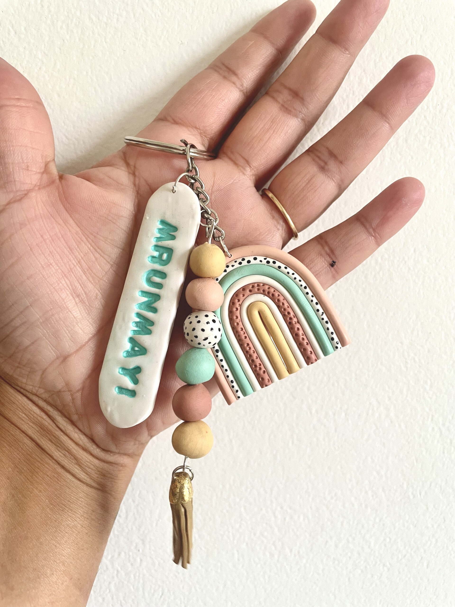 Rainbow And Beads With Name Tag Keychain