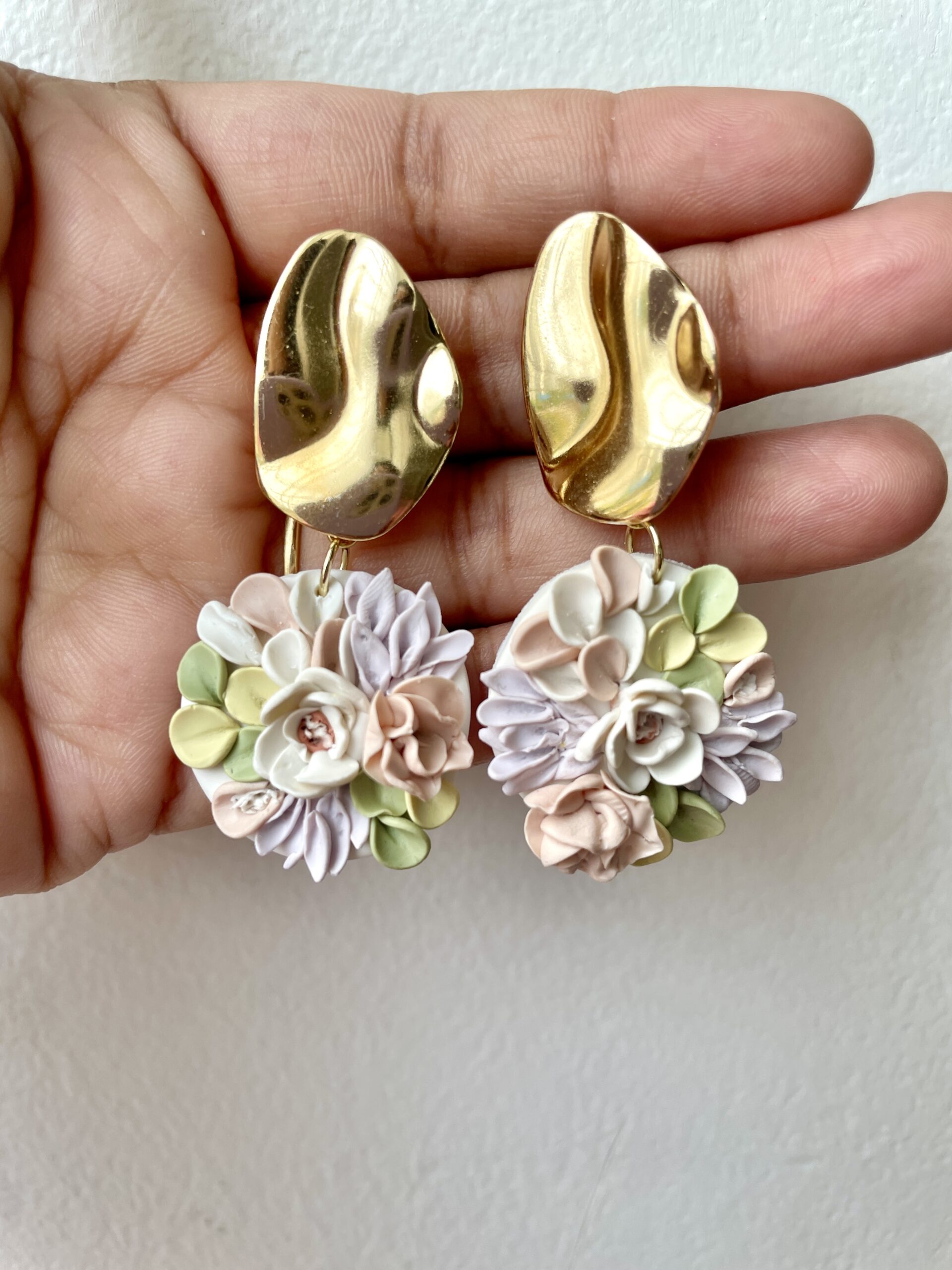 Pastel Floral With Gold Top Earrings